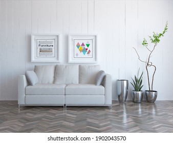 White Minimalist Living Room Interior With Sofa On A Wooden Floor, Decor On A Large Wall, White Landscape In Window. Home Nordic Interior. 3D Illustration