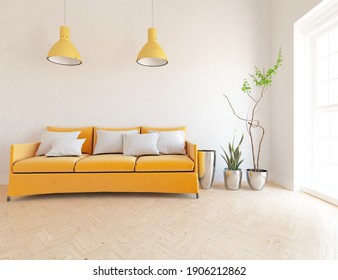 White Minimalist Living Room Interior With Sofa On A Wooden Floor, Decor On A Large Wall, White Landscape In Window. Home Nordic Interior. 3D Illustration