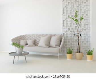 White Minimalist Living Room Interior With Sofa On A Wooden Floor, Decor On A Large Wall, White Landscape In Window. Home Nordic Interior. 3D Illustration