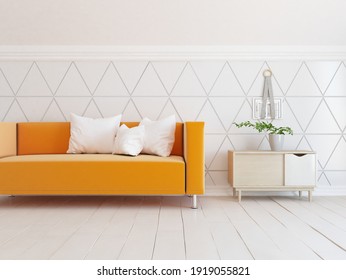 White Minimalist Living Room Interior With Sofa On A Wooden Floor, Decor On A Large Wall, White Landscape In Window. Home Nordic Interior. 3D Illustration