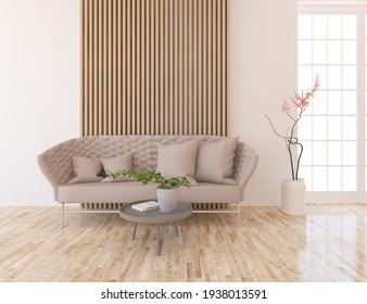 White minimalist living room interior with sofa on a wooden floor, decor on a large wall, white landscape in window. Home nordic interior. 3D illustration