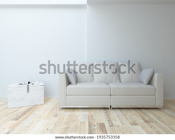 White minimalist living room interior\
with sofa on a wooden floor, decor on a large wall, white landscape\
in window. Home nordic interior. 3D\
illustration