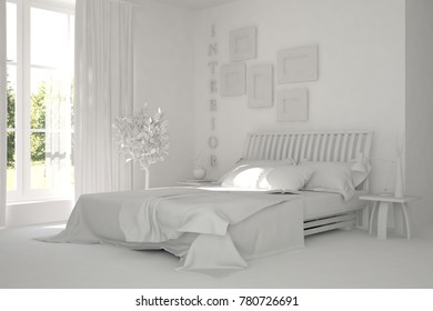 White Modern Bedroom Green Landscape Window Stock Illustration ...