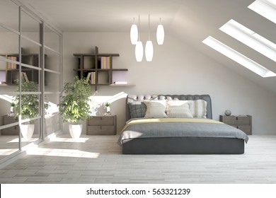 White modern bedroom. Scandinavian interior design. 3D illustration