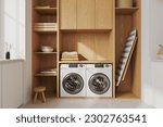 White modern design apartment interior with laundry room with sink, washing machine and ironing board with towel in shelf, concrete floor. 3D rendering