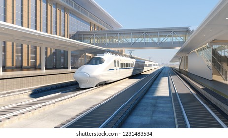 White Modern High Speed Train On Railway Station At Sunset Railway Tourism 3d Render