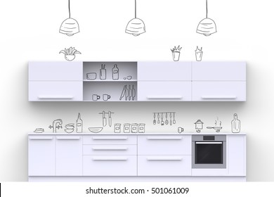 White modern kitchen with hand drawn painted on wall doodle kitchenware and kitchen accessories. Front view. 3D render.