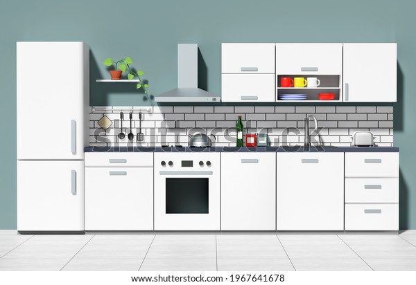 White Modern Kitchen Interior Render 3d: ilustración de stock ...