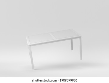 White Modern Table Or Dining Table Floating On White Background. Minimal Concept Idea. Monochrome. 3d Render.