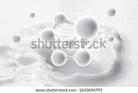 White molecule with white liquid background, milk and nutrient absorption, Milk powder etc background, 3d rendering. 3d illustration.