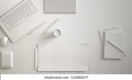 White Monochrome Minimal Office Table Desk. Workspace With Laptop, Notebook, Pencils And Coffee Cup. Flat Lay, Top View, Blank Paper Mockup Template, 3d Illustration