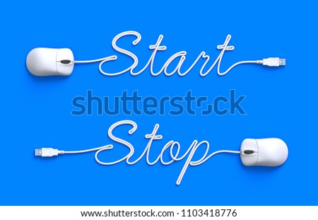 White mouse and cable in the shape of Start and Stop word - 3D illustration