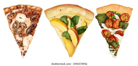 White Mushroom Pizza, Peach And Basil Pizza Slice And Chicken Pesto Paleo Pizza