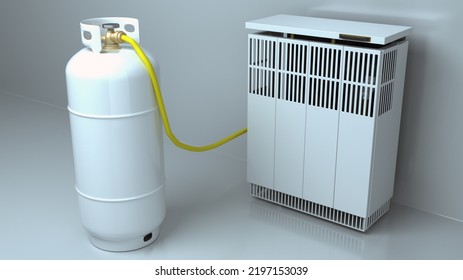 White Natural Gas Convector Heater Working With Propane Tank. Old European Gas Heating System. Natural Gas Crisis Illustration. 3D Render.