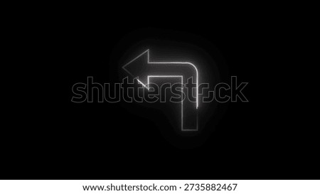 A white neon arrow is centered on a solid black background. The arrow points left and then turns downward in a 90-degree angle. The neon effect gives the arrow a glowing appearance with a soft white light outlining its shape.