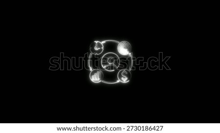 White neon circular interconnected featuring a brain profile chart and dollar sign on a black background