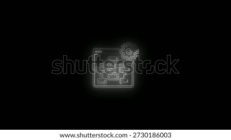 A white neon showing a flowchart inside a browser window with a gear symbol set against a dark background