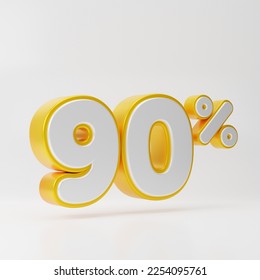 White ninety percent or 90 % with gold outline isolated over white background. 3D rendering.