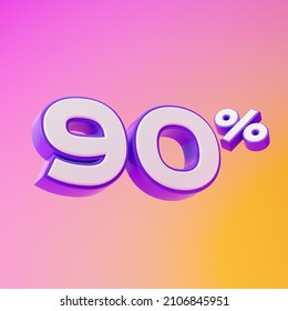 White ninety percent or 90 % with purple outline isolated over pink and yellow background. 3D rendering.