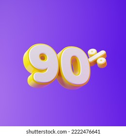 White ninety percent or 90 % with yellow outline isolated over purple background. 3D rendering.