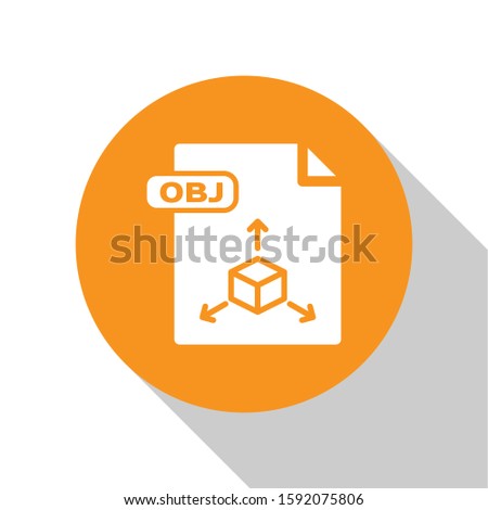 White OBJ file document. Download obj button icon isolated on white background. OBJ file symbol. Orange circle button. 