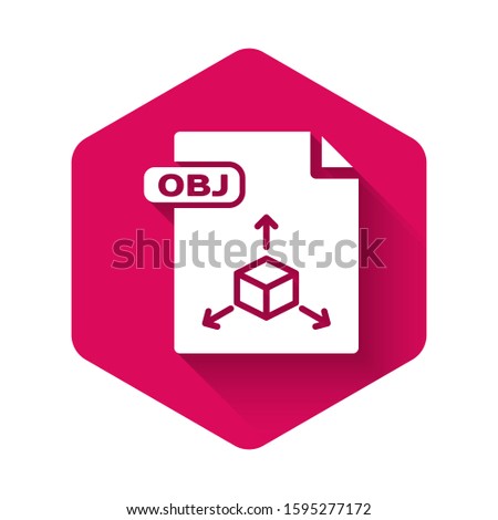 White OBJ file document. Download obj button icon isolated with long shadow. OBJ file symbol. Pink hexagon button. 