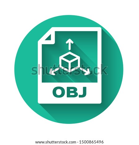 White OBJ file document icon. Download obj button icon isolated with long shadow. OBJ file symbol. Green circle button