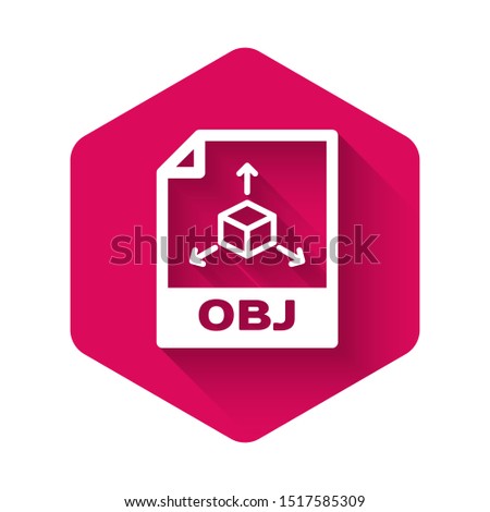 White OBJ file document icon. Download obj button icon isolated with long shadow. OBJ file symbol. Pink hexagon button