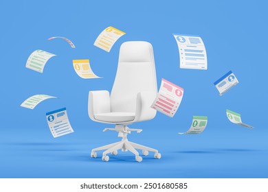 White office armchair and flying resumes on blue background. Concept of workplace, candidates, hiring and headhunting, vacancy and employees. 3D rendering illustration - Powered by Shutterstock