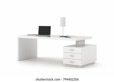 White Office Desk Workspace Isolated. 3d Illustration.