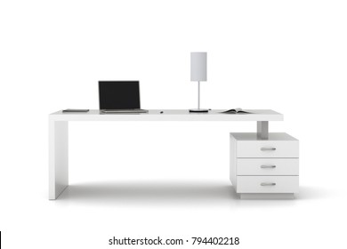 White Office Desk Workspace Isolated. 3d Illustration.