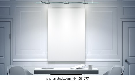 White Office Interior With Blank Poster Mockup On The Wall, 3d Rendering. Bright Empty Work Meeting Room Vertical Canvas Mock Up, Desk, Two Chairs. Clear Banner In Light Work Place Front View.