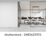 White office interior with board and armchairs, drawer with folders. Closed glass meeting room with business furniture and panoramic window. Mock up empty wall partition. 3D rendering