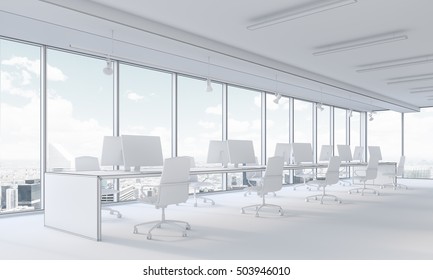 White Office Interior With City Panorama And Computers On Desks. Concept Of Open Space Office. 3d Rendering. Mock Up