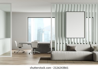 White Office Interior With Conference Room Behind Glass Partition, Chairs And Meeting Board. Lounge Zone With Sofa On Carpet And Hardwood Floor. Mock Up Poster, 3D Rendering