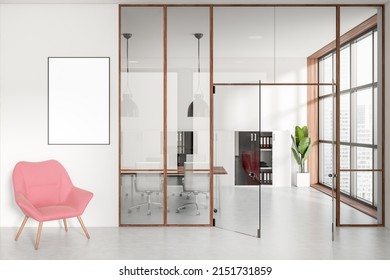 White Office Interior And Meeting Room Behind Glass Doors, Light Concrete Floor. Pink Armchair With Mockup Canvas Before Entrance. 3D Rendering