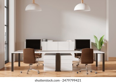 White office interior with pc computers on desks in row, hardwood floor. Stylish workplace with sideboard and plant. Panoramic window on skyscrapers. 3D rendering