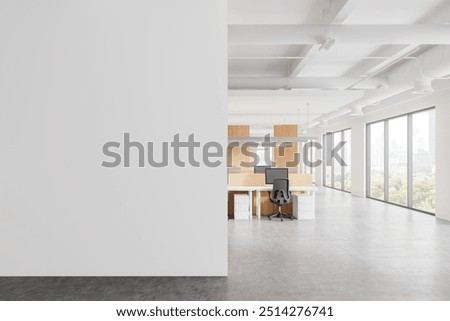 White office interior with pc computers, chairs and tables in row, concrete floor. Cozy coworking space with panoramic window on Bangkok skyscrapers. Mock up empty wall partition. 3D rendering