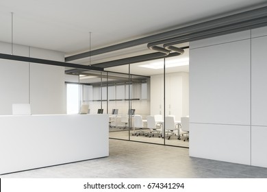 White Office Interior With A Reception Desk Standing Near A Loft Window In An Office Lobby With Glass Walls And A Meeting Room. Corner. 3d Rendering Mock Up