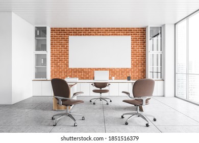 White Office Lobby Reception Room With Mockup Canvas On Brick Wall. Table With Laptop And Three Leather Chairs. Business Office Room For Clients, 3D Rendering No People