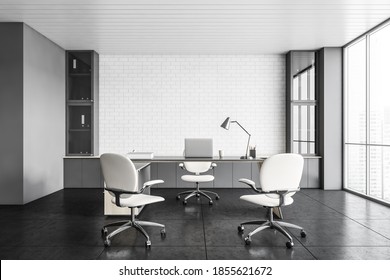 White Office Lobby Reception Room With Laptop On The Table And Three White Chairs, White Brick Wall On Background. Business Office Room For Clients, 3D Rendering No People