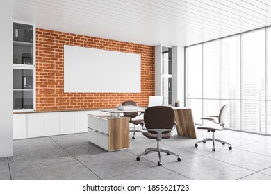 White Office Lobby Reception Room With Mockup Canvas On Brick Wall. Table With Laptop And Three Leather Chairs. Business Office Room For Clients Side View, 3D Rendering No People