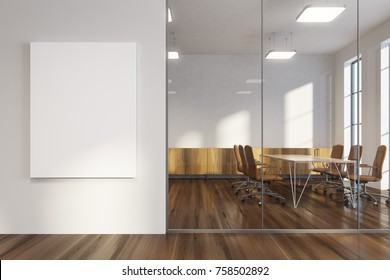 White Office Lobby With A Wooden Floor, Loft Windows And A Glass Wall. There Is A Large Vertical Poster And A Meeting Room. 3d Rendering Mock Up