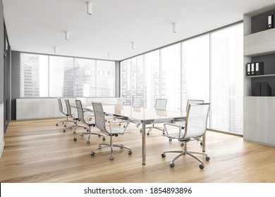 White Office Meeting Room In Business Centre, Long Wooden Table With White Chairs. Wooden And White Design For Office Conference Room No People, 3D Rendering