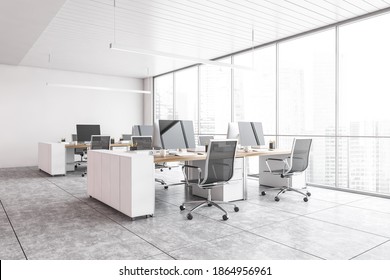 White Office Room With Armchairs And Computers On The Tables Near Windows, Side View. White Office Room With Modern Minimalist Furniture On Marble Floor, 3D Rendering No People