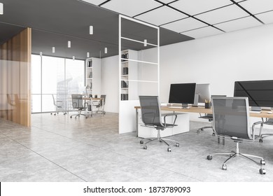 White Office Room With Armchairs And Computers On The Tables Near Windows, Side View. White Office Consulting Room With Modern Minimalist Furniture On Marble Floor, 3D Rendering No People