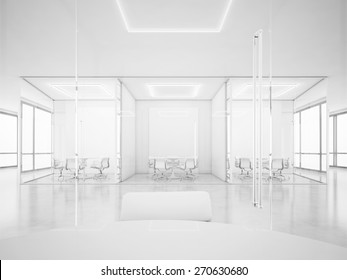White Office Space With Meeting Rooms. 3D Rendering