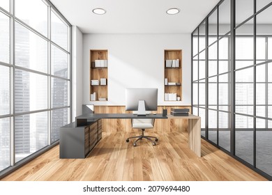 White office with two wood niches, basement ledge and floor, personal desk, lights, panoramic view and frame glass wall. Concept of modern interior design. 3d rendering