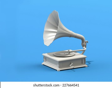 White Old Gramophone On Blue Background With Empty Space On The Left Side. 3D Render 