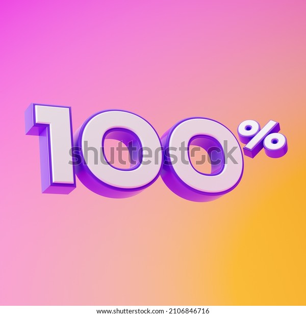 White one hundred\
percent or 100 % with purple outline isolated over pink and yellow\
background. 3D\
rendering.